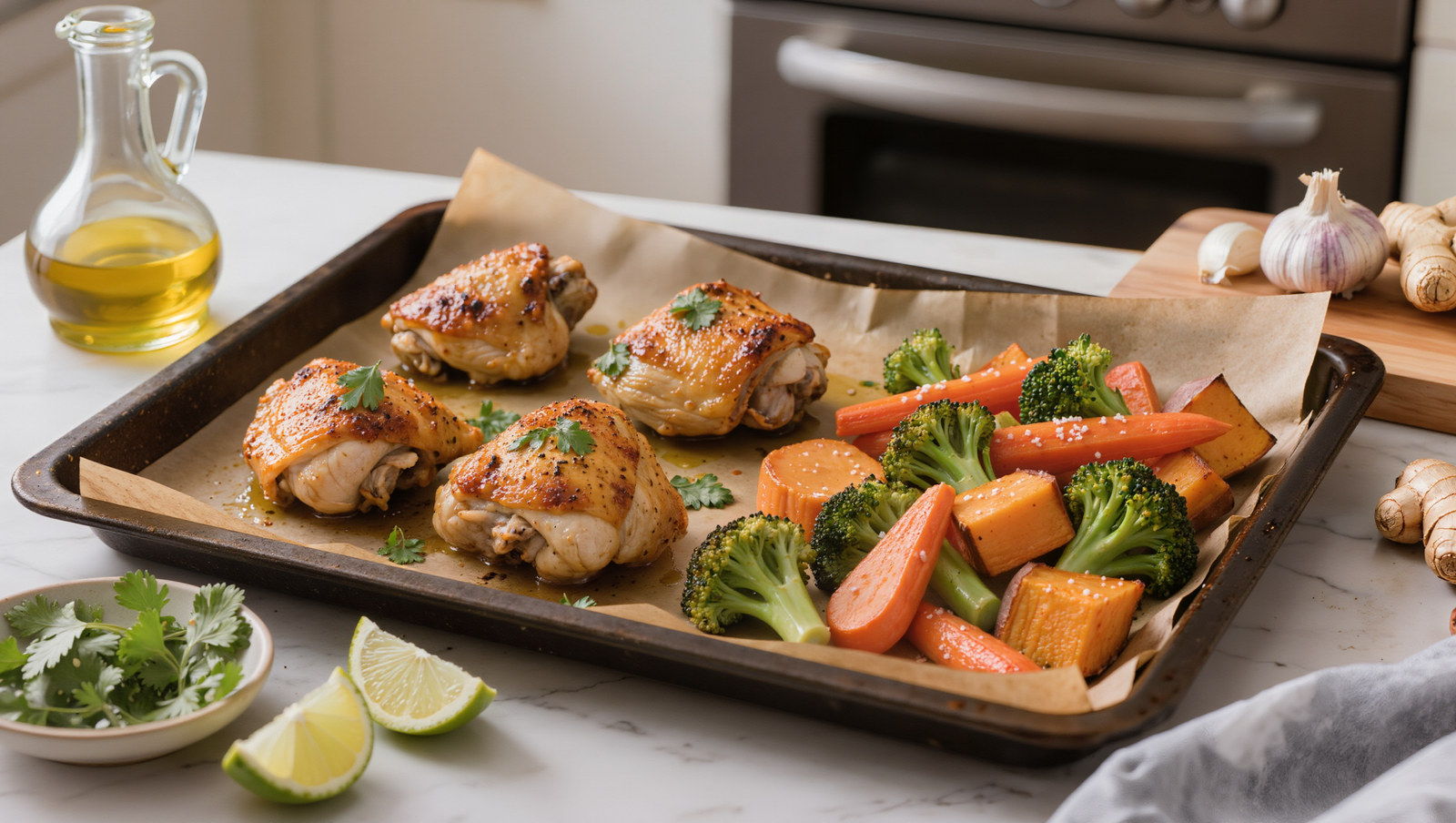 Easy Ginger Lime Chicken Thighs with Roasted Vegetables